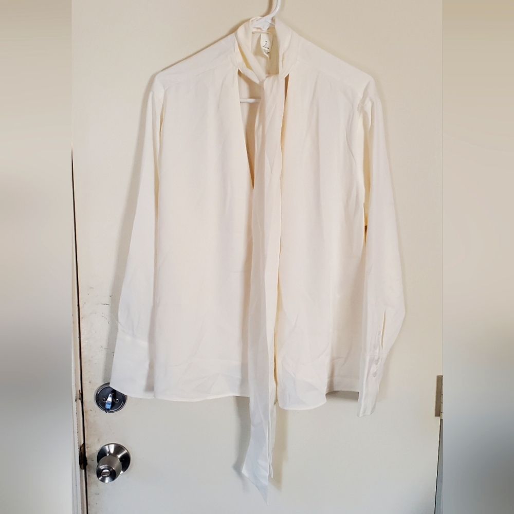 H&M White Tie Neck Blouse Large